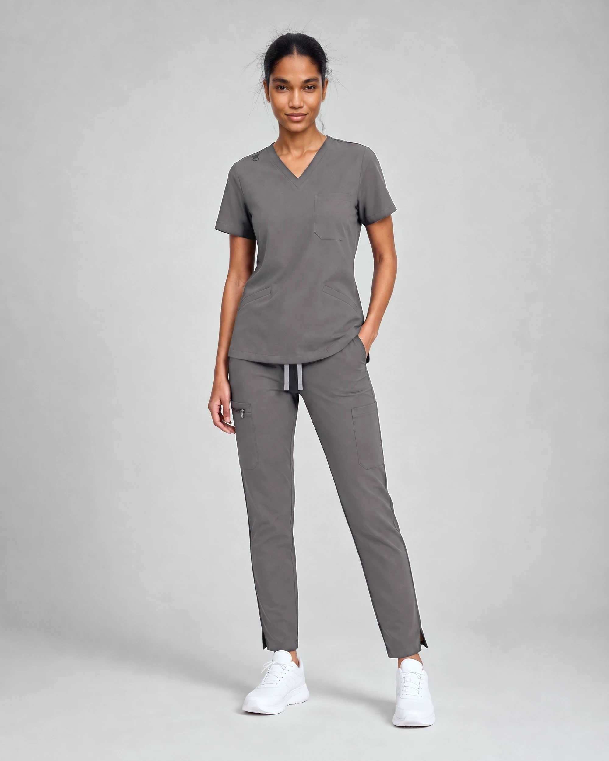 Lumi Core women’s scrub set in Graphite, front view