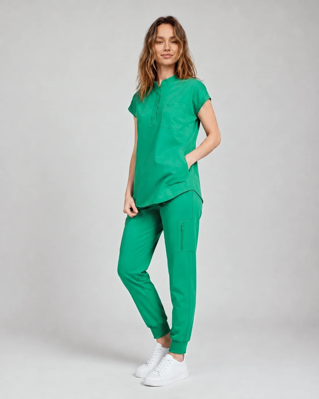 Women's Motion scrub set in Emerald Green, relaxed full-outfit view
