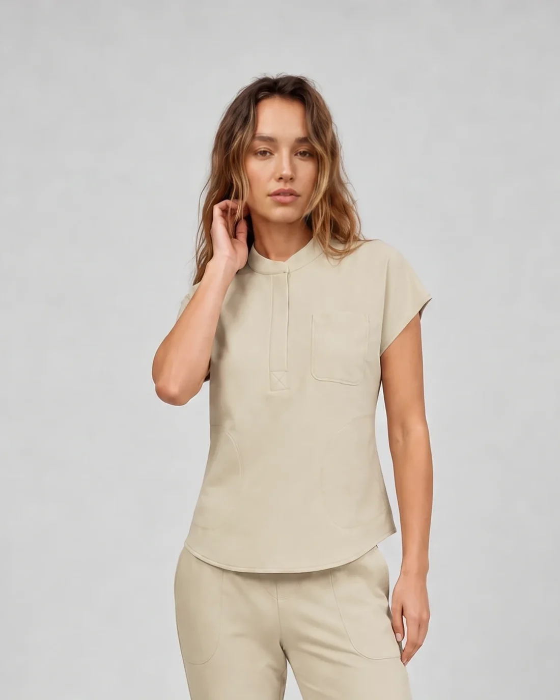 Front Desk Collar Top in Beige