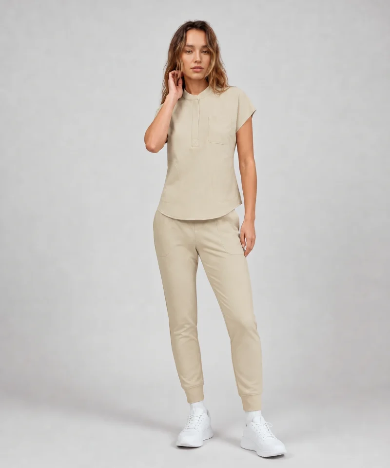 Front Desk Collar Top — Full outfit shown; pants sold separately.