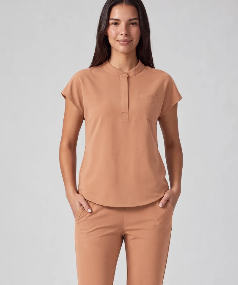 Front Desk Collar Top — Full outfit shown; pants sold separately.