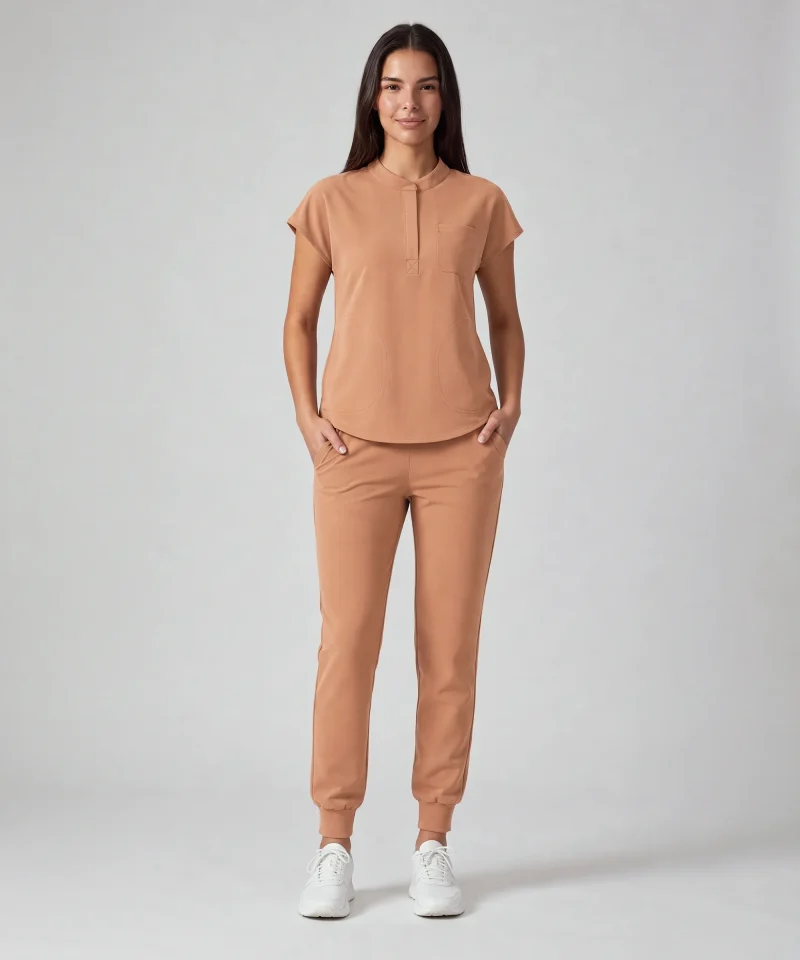 Front Desk Collar Top in Caramel - styled with matching joggers, front view