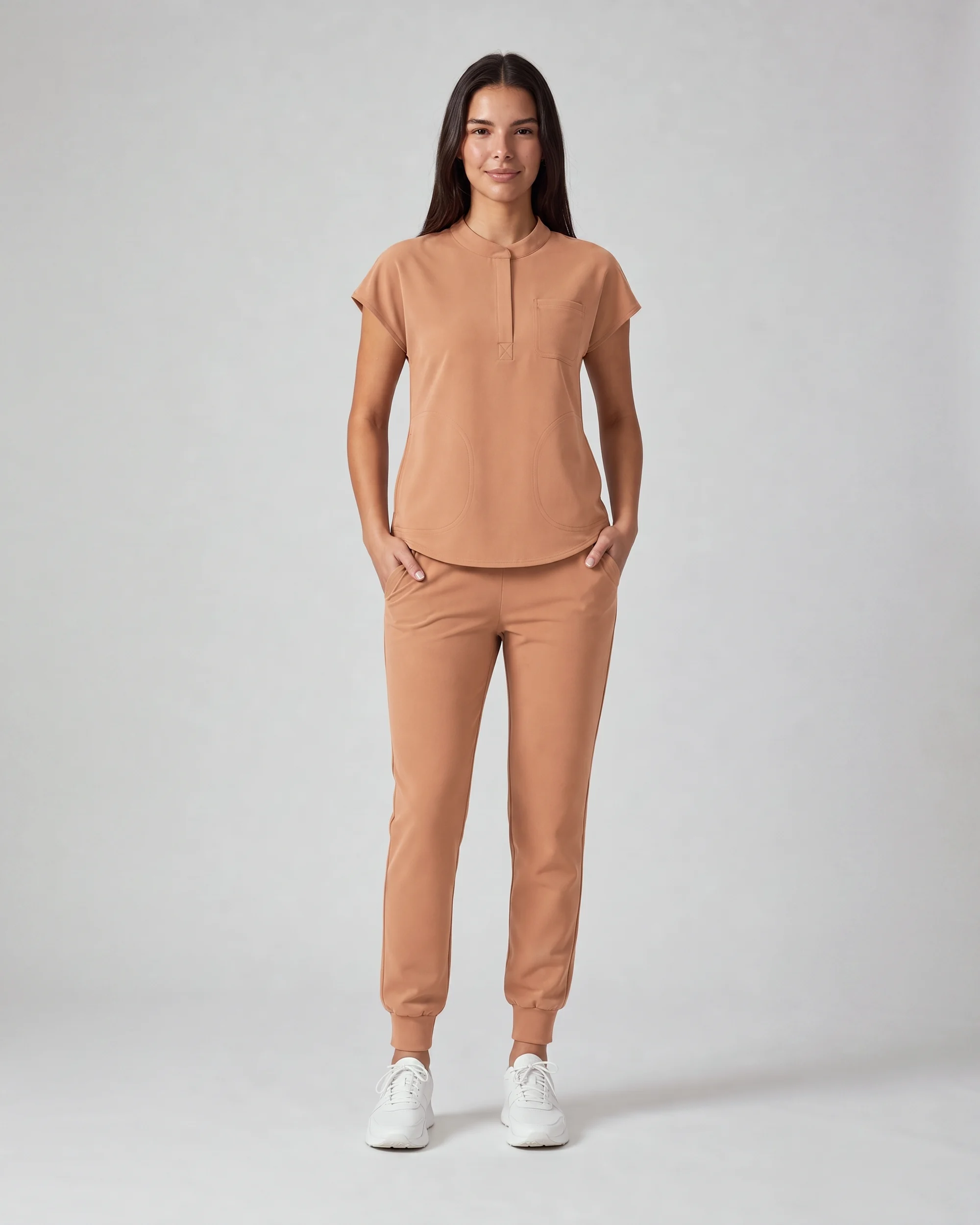 Front Desk Collar Top — Full outfit shown; pants sold separately.
