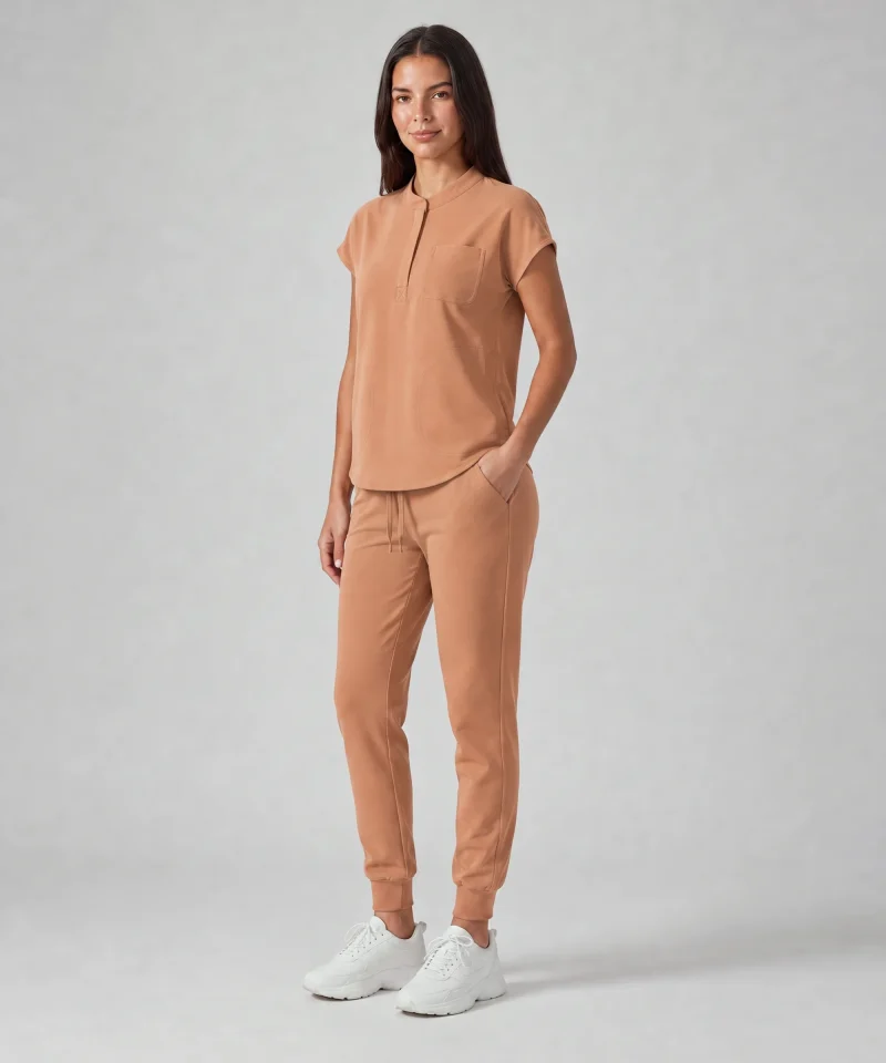 Front Desk Collar Top in Caramel - three-quarter view