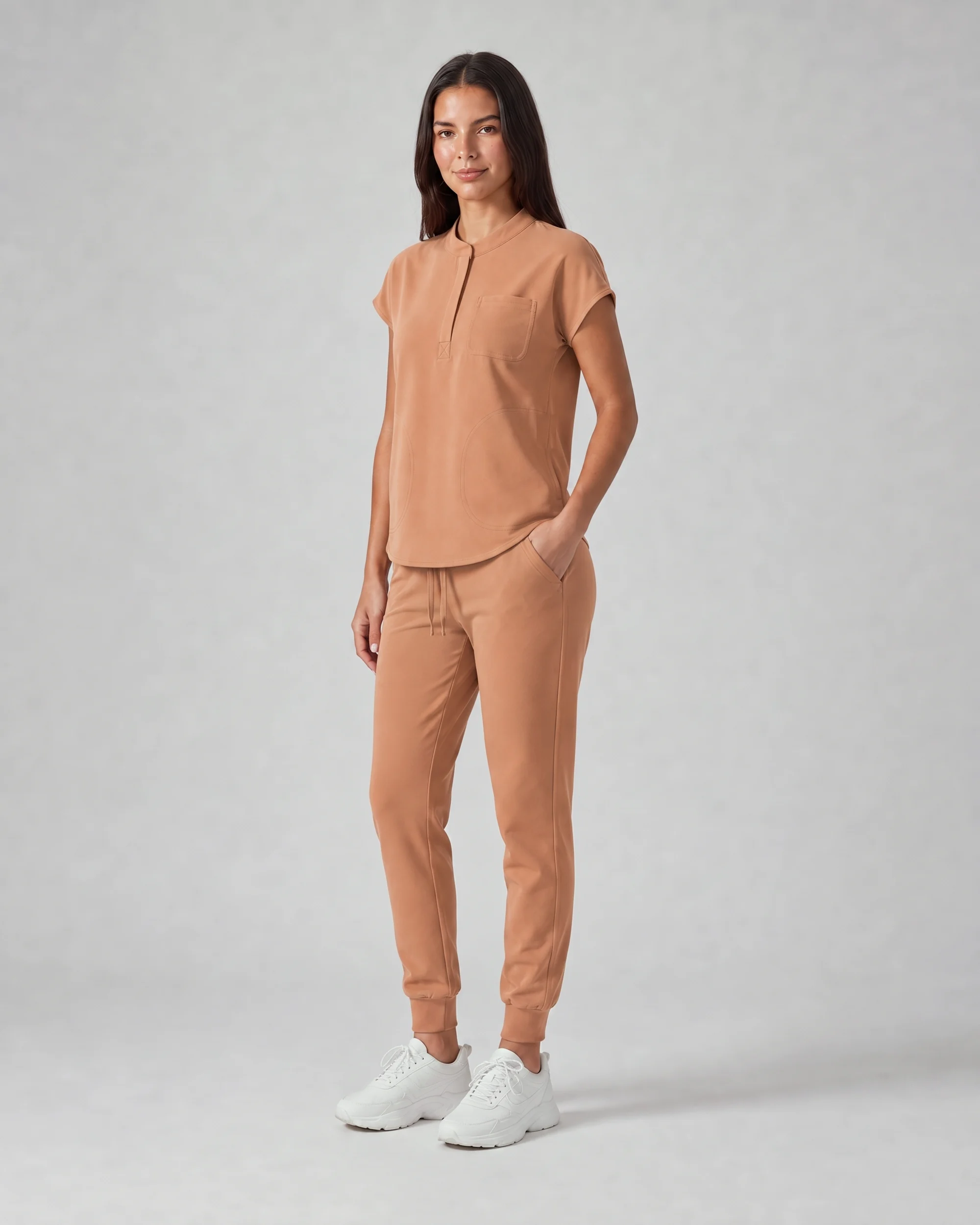 Front Desk Collar Top — Full outfit shown; pants sold separately.