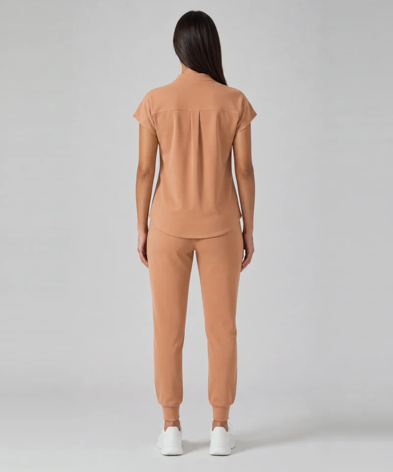 Front Desk Collar Top in Caramel - back view