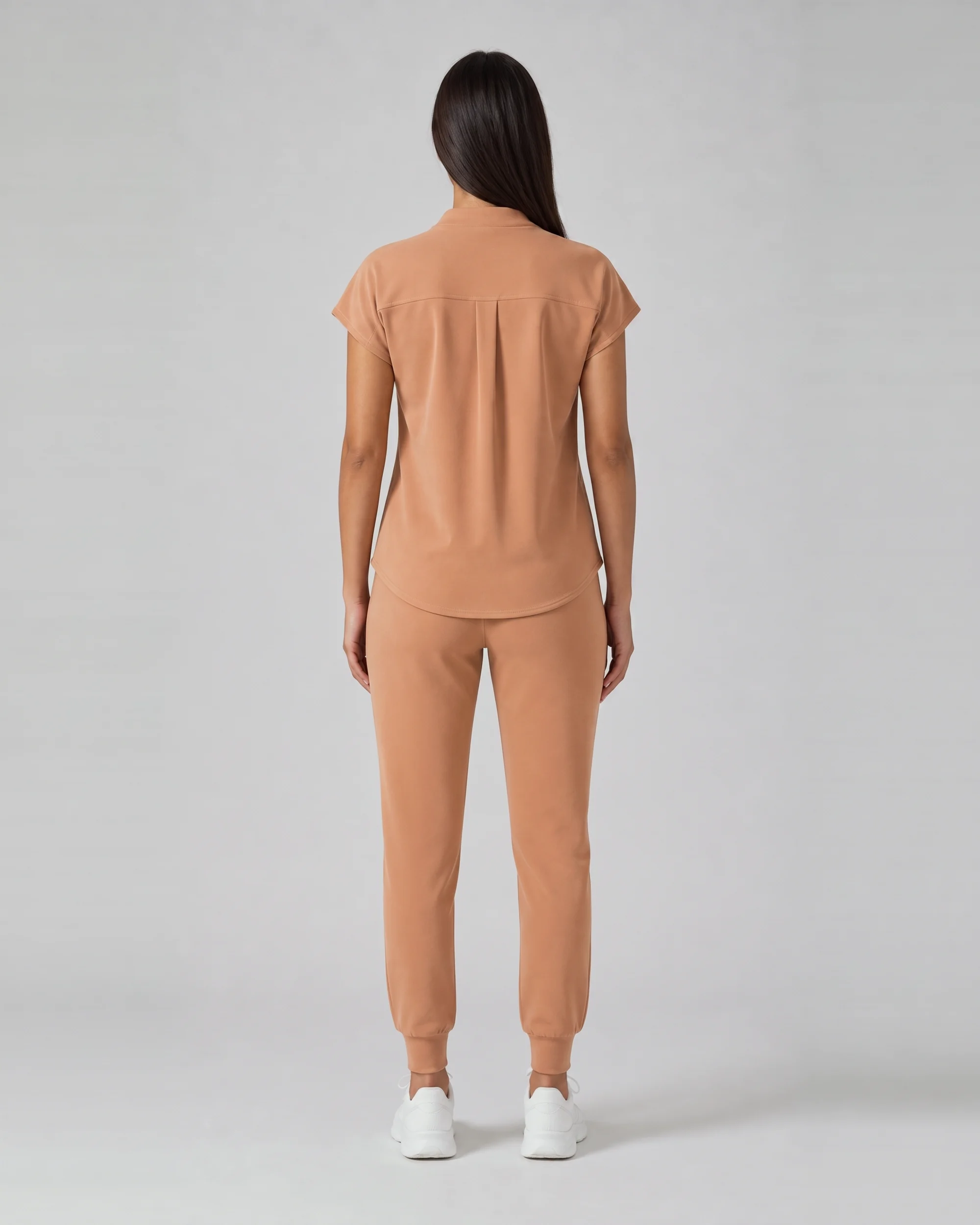 Front Desk Collar Top — Full outfit shown; pants sold separately.