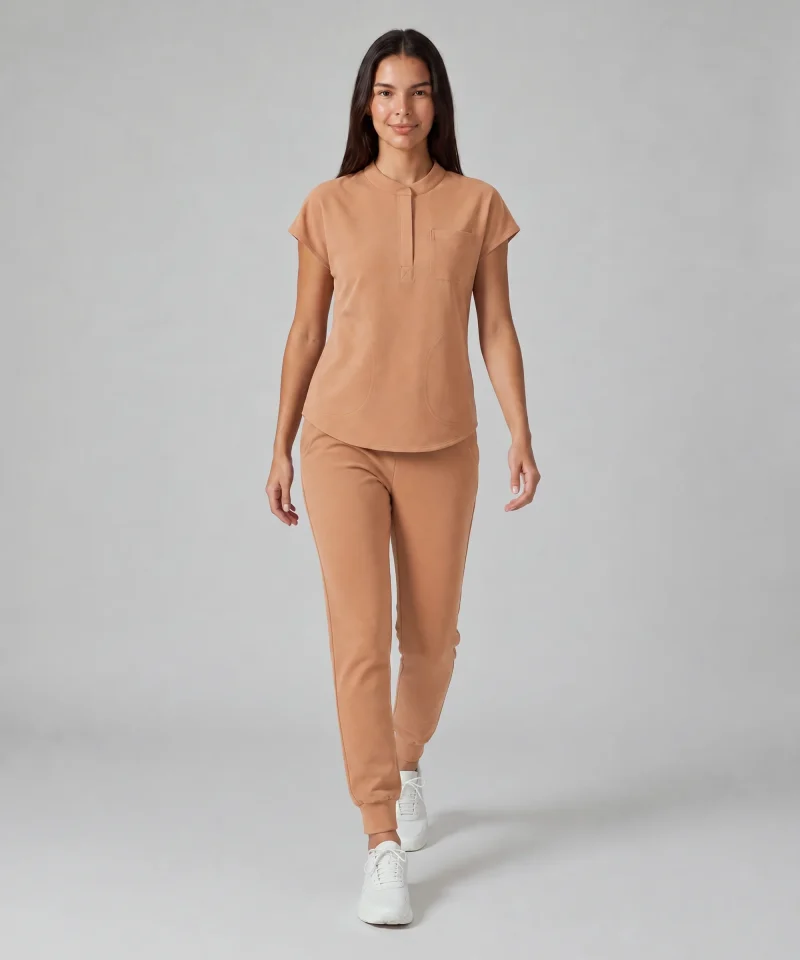 Front Desk Collar Top in Caramel - walking