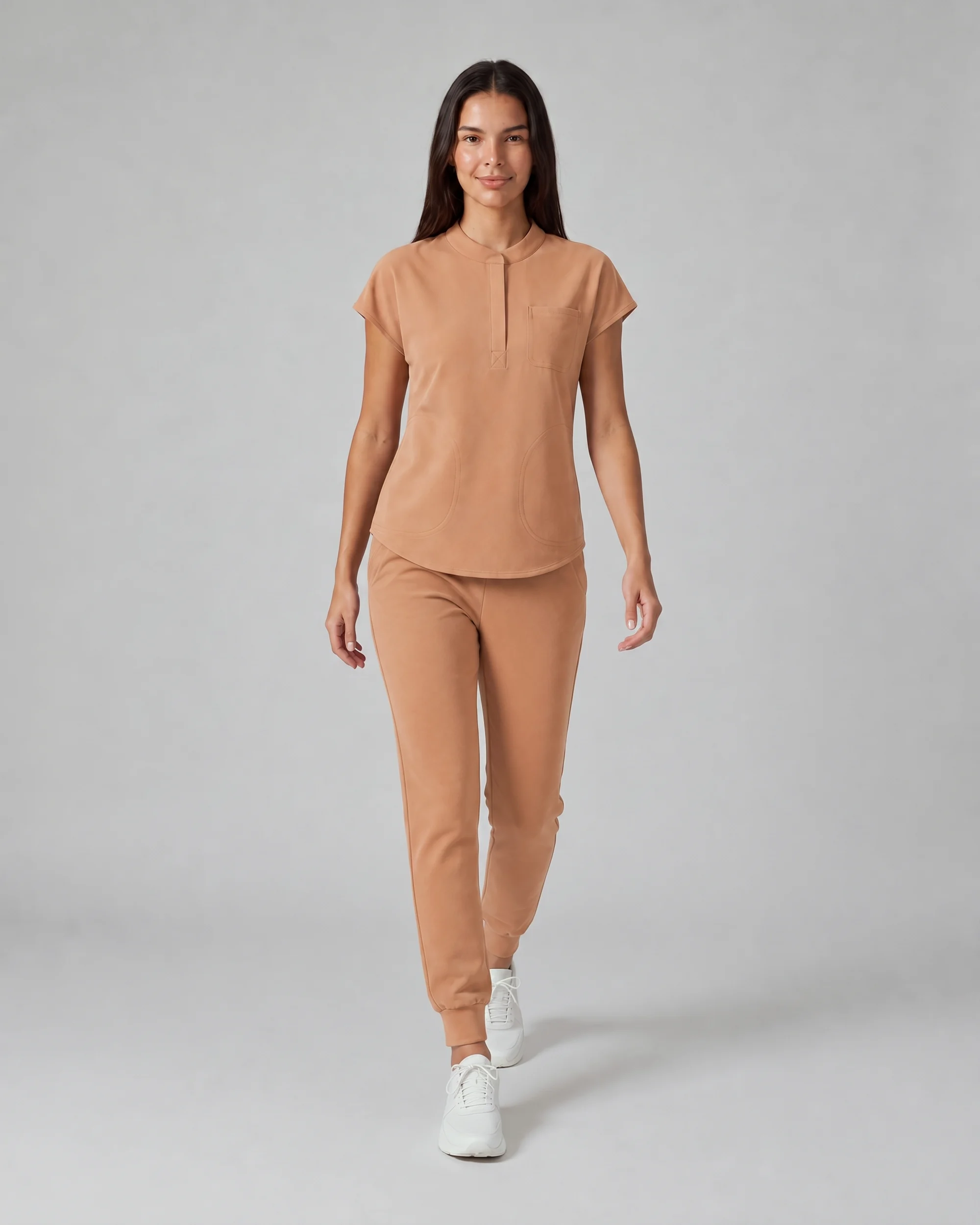 Front Desk Collar Top — Full outfit shown; pants sold separately.