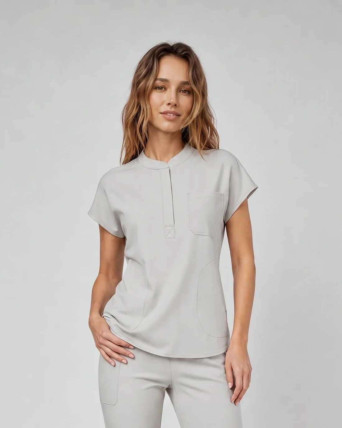 Front Desk Collar Top in Greige
