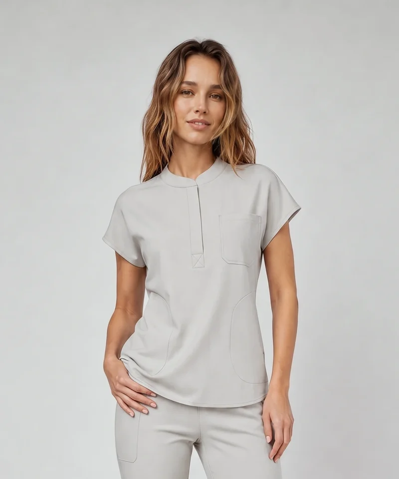 Front Desk Collar Top — Full outfit shown; pants sold separately.