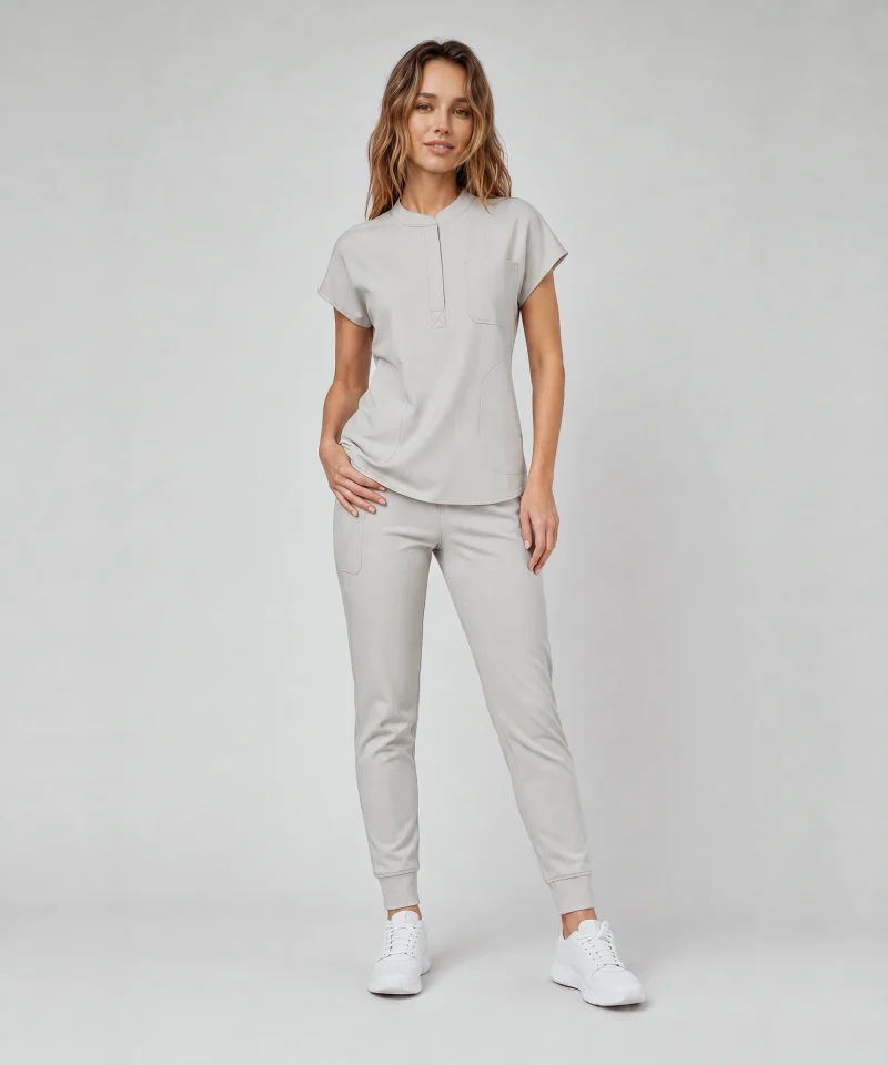 Front Desk Collar Top — Full outfit shown; pants sold separately.