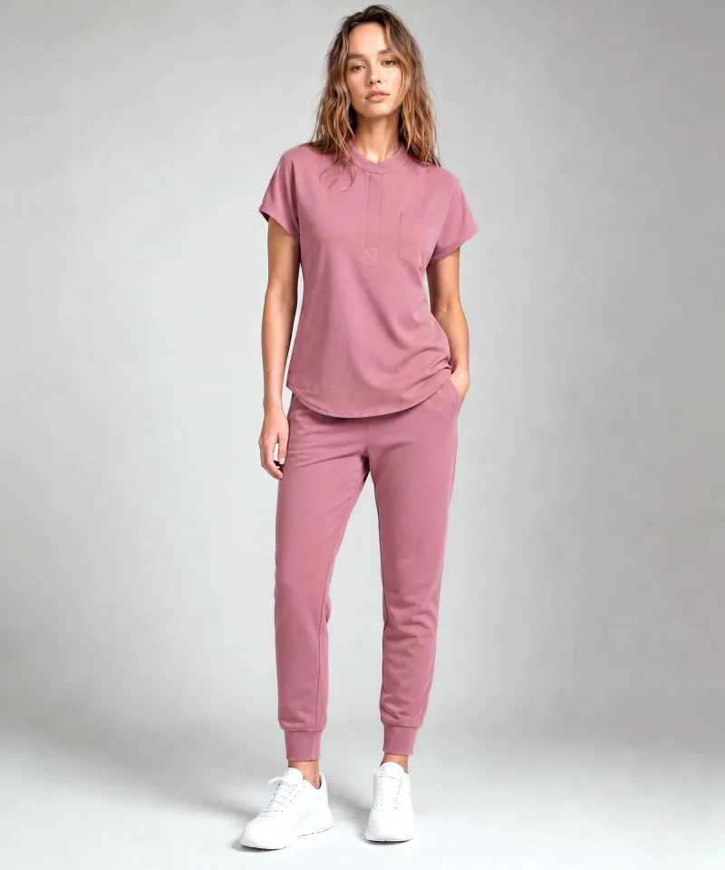 Front Desk Collar Top — Full outfit shown; pants sold separately.
