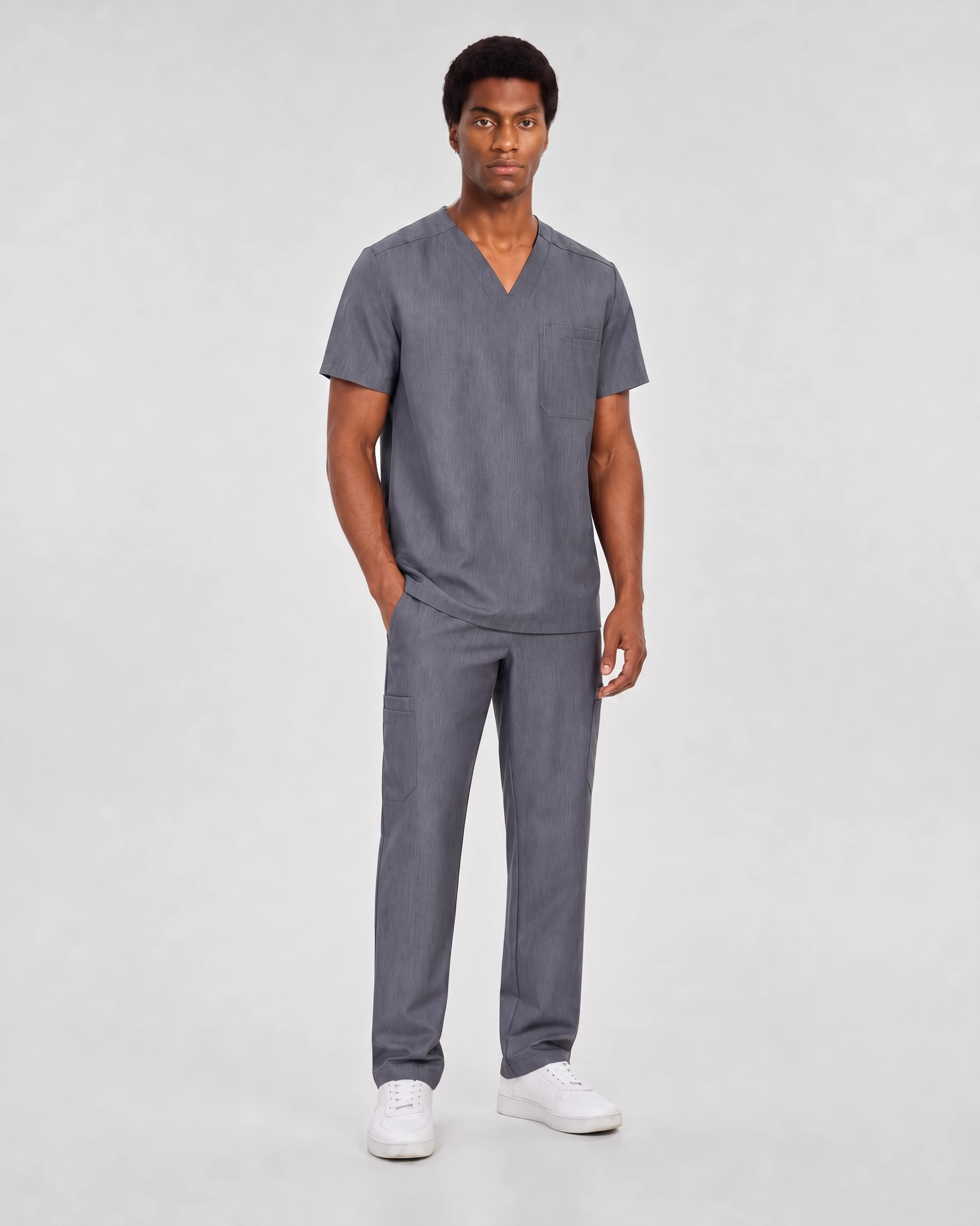 Men's Core Scrub Set in Graphite, front view showing the V-neck top and straight-leg pant