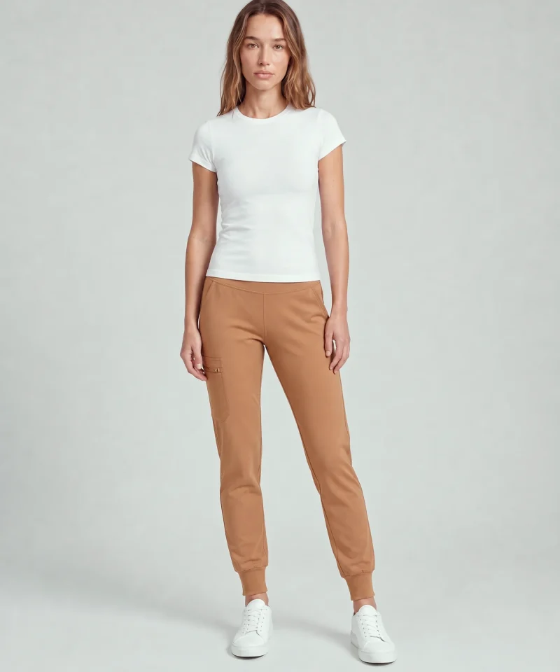 Womens Motion Jogger Pant in Caramel - styled with a white tee