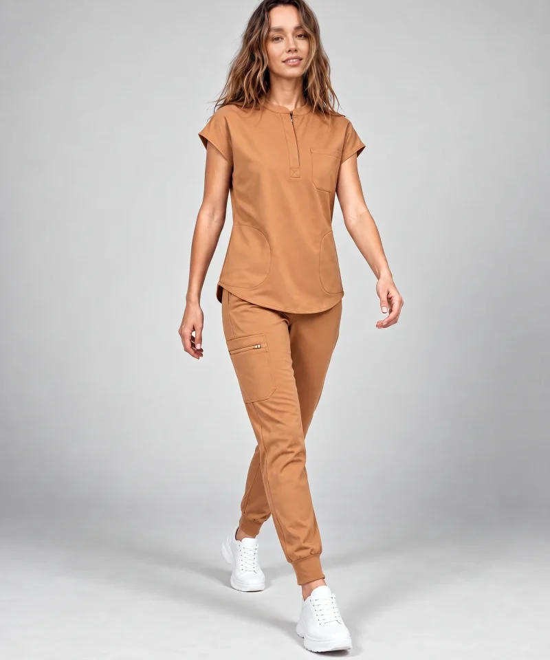 Womens Motion Jogger Pant in Caramel - styled with a white tee