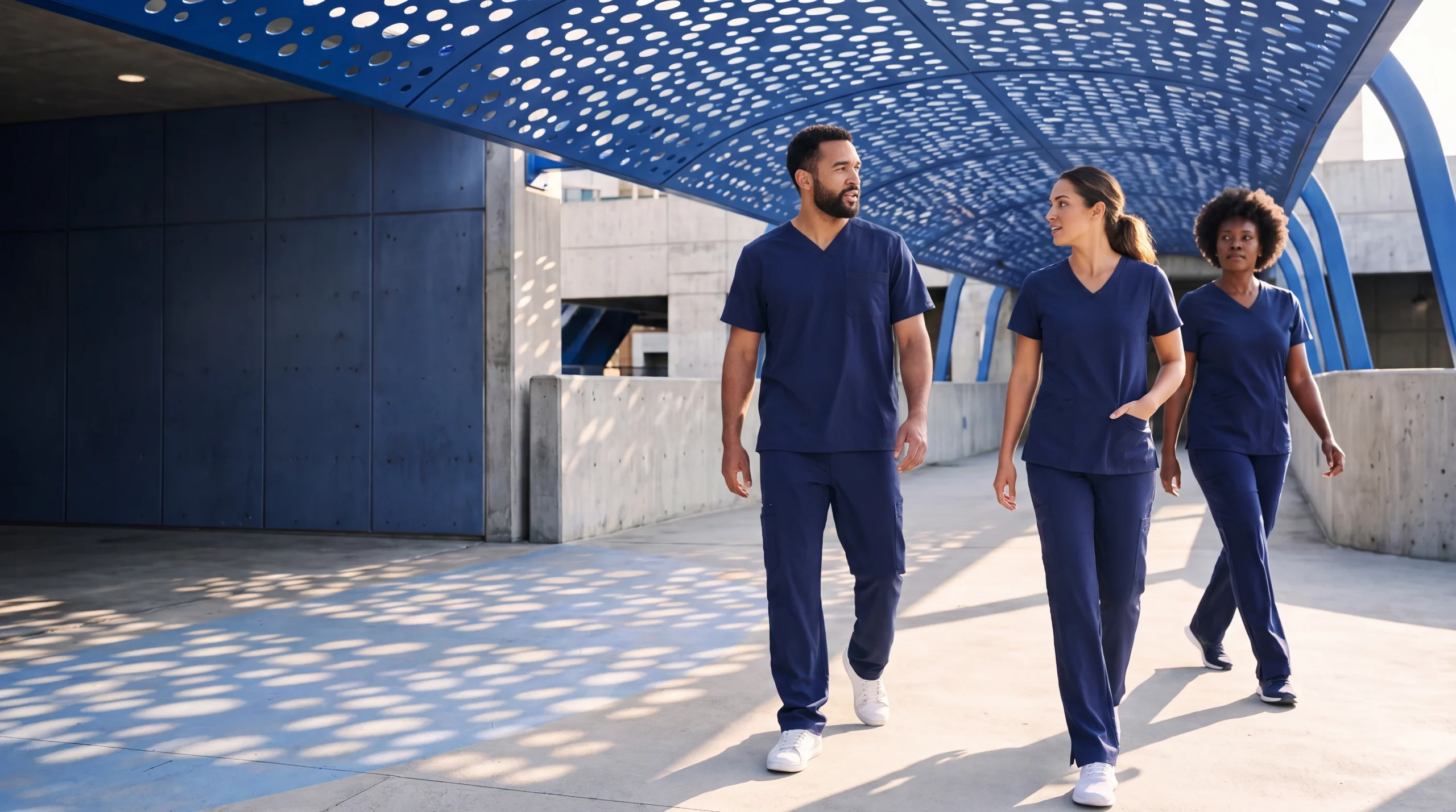 Three healthcare professionals walking beneath a blue architectural canopy in navy LumiScrubs