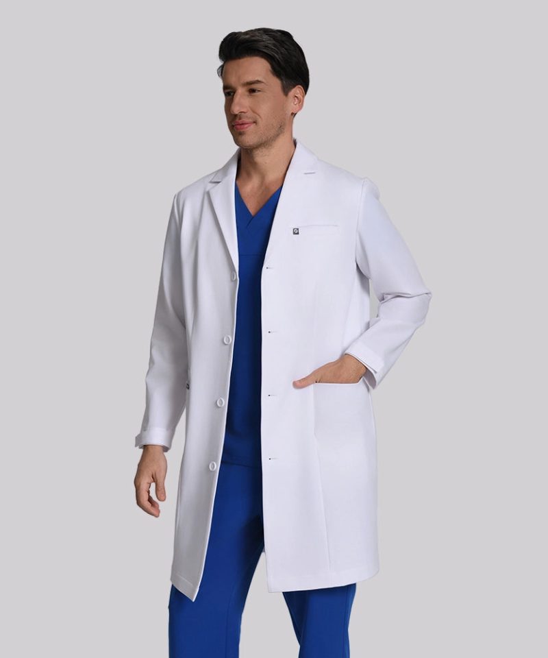 Tailored Stretch Lab Coat — Men's — white, worn view | LumiScrubs