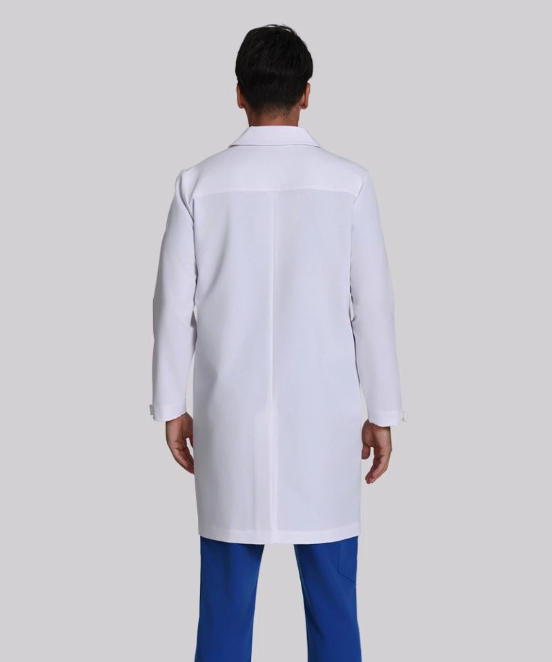 Tailored Stretch Lab Coat — Men's — white, worn view | LumiScrubs