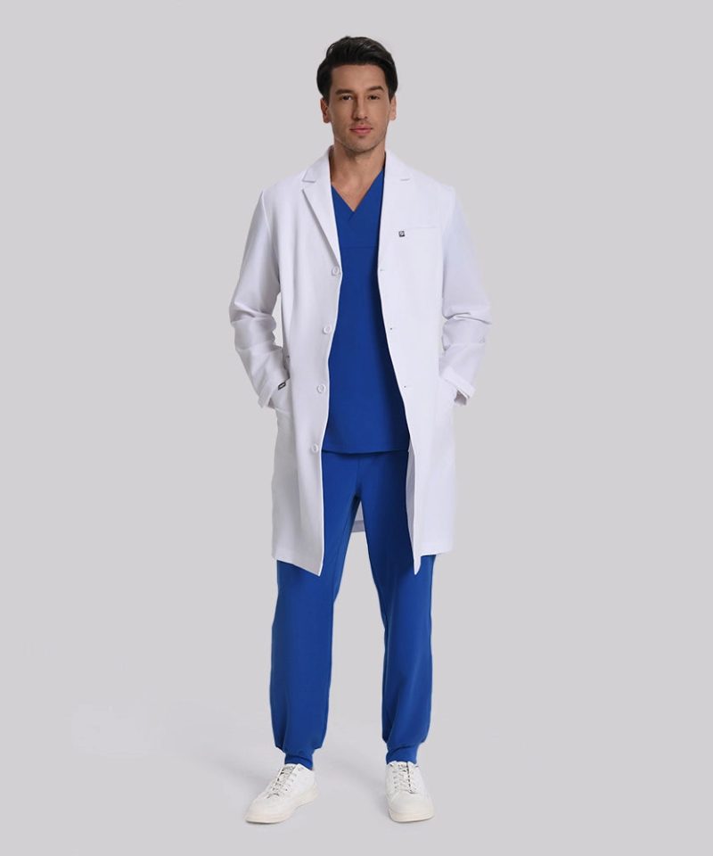Tailored Stretch Lab Coat — Men's — white, worn view | LumiScrubs