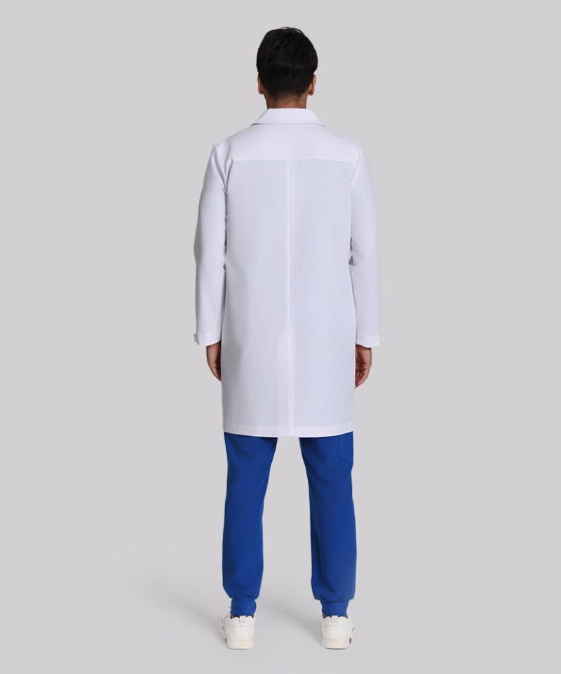 Tailored Stretch Lab Coat — Men's — white, worn view | LumiScrubs