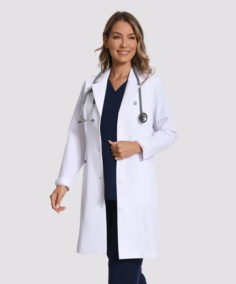 Tailored Stretch Lab Coat — Women's — white, worn view | LumiScrubs