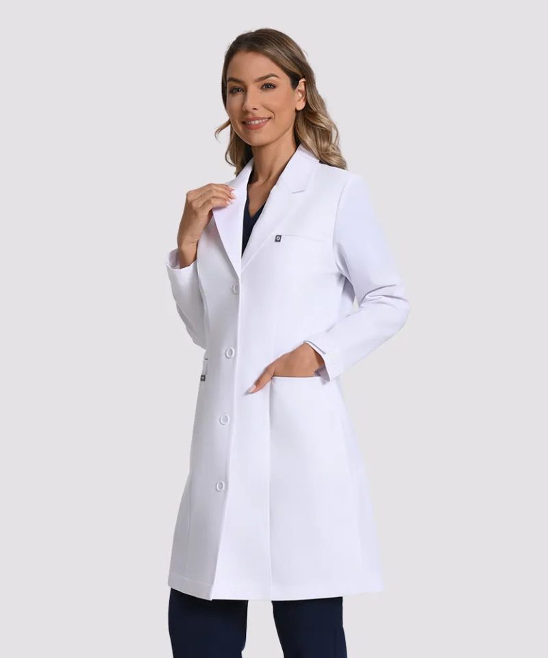 Tailored Stretch Lab Coat — Women's — white, worn view | LumiScrubs