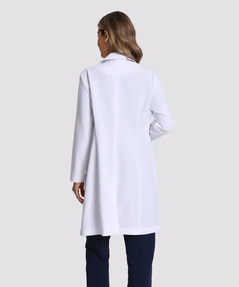 Tailored Stretch Lab Coat — Women's — white, worn view | LumiScrubs