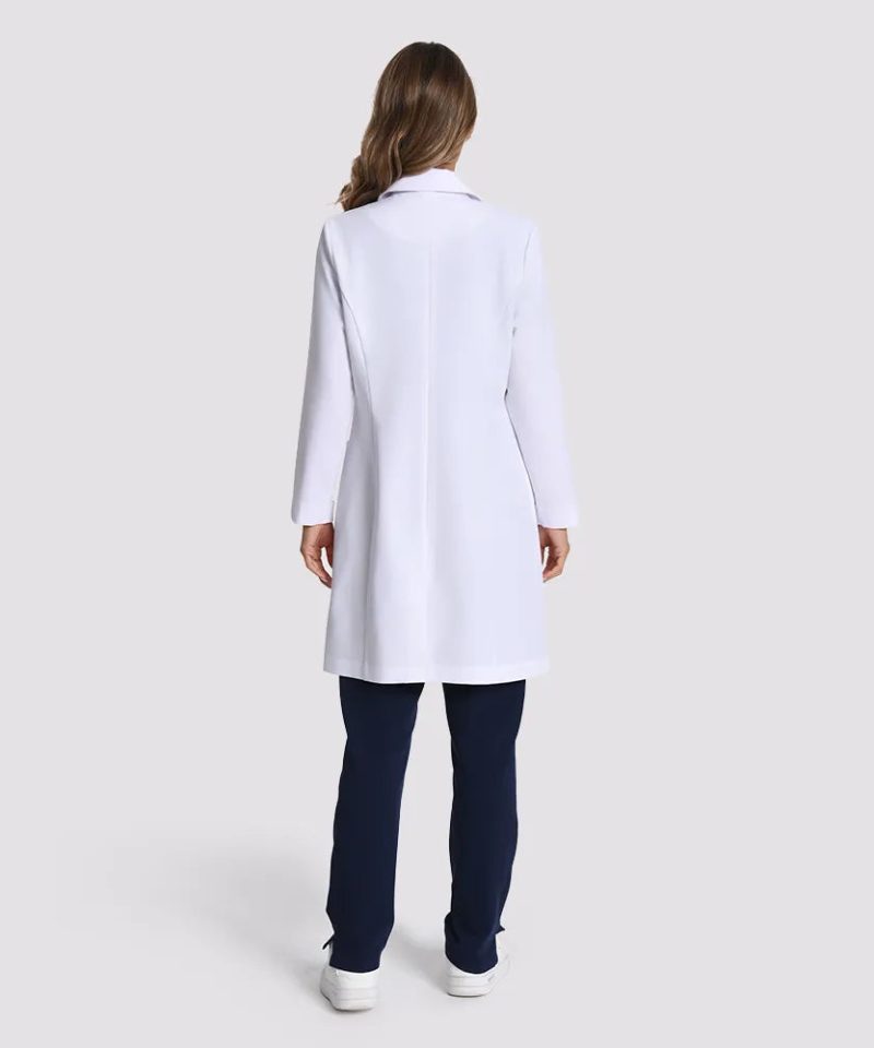 Tailored Stretch Lab Coat — Women's — white, worn view | LumiScrubs