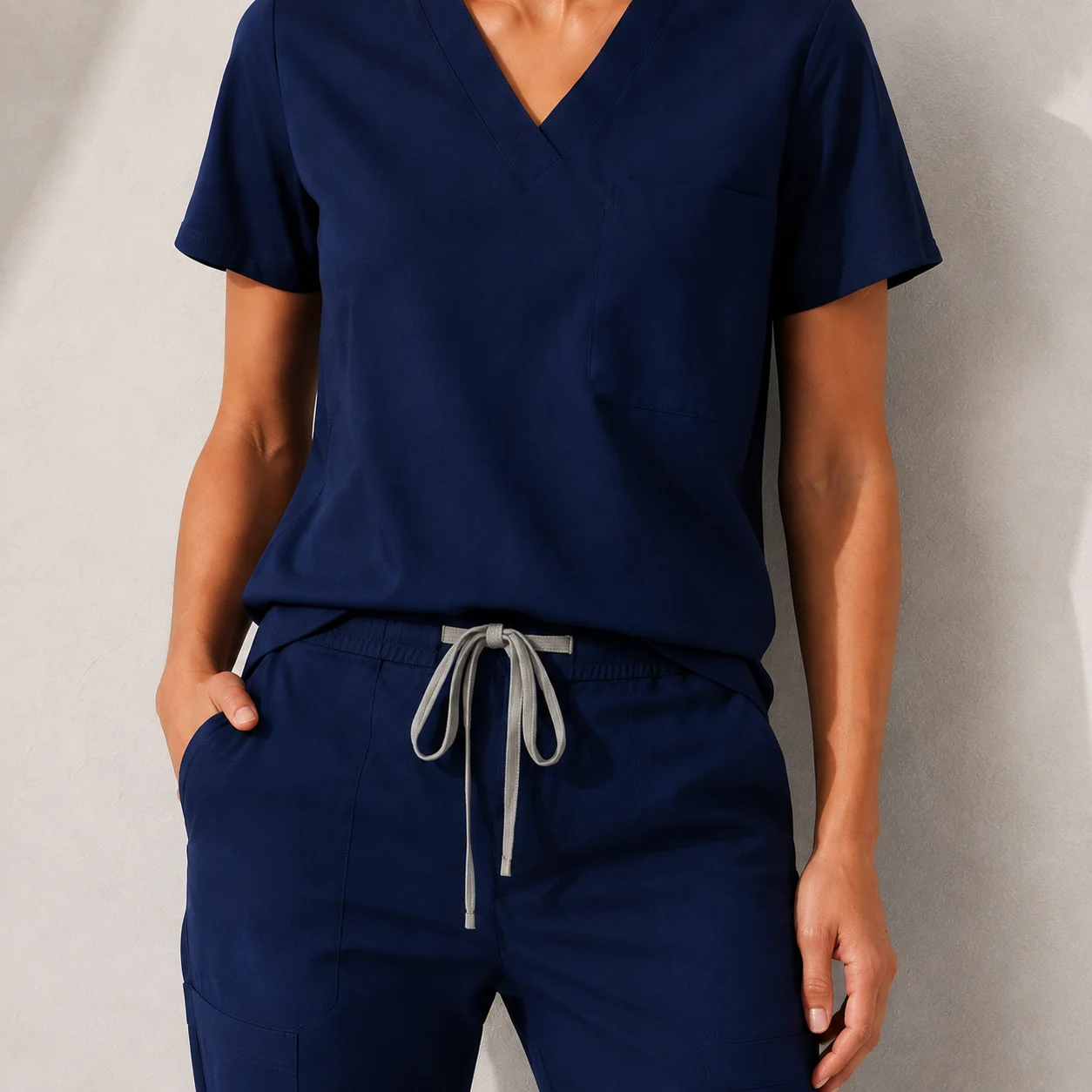 Navy scrub top and waist detail
