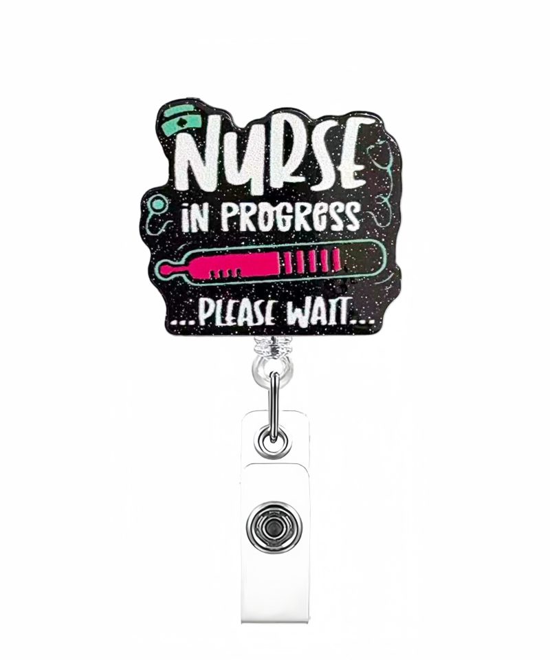 Nurse in Progress retractable badge reel in black, pink and mint