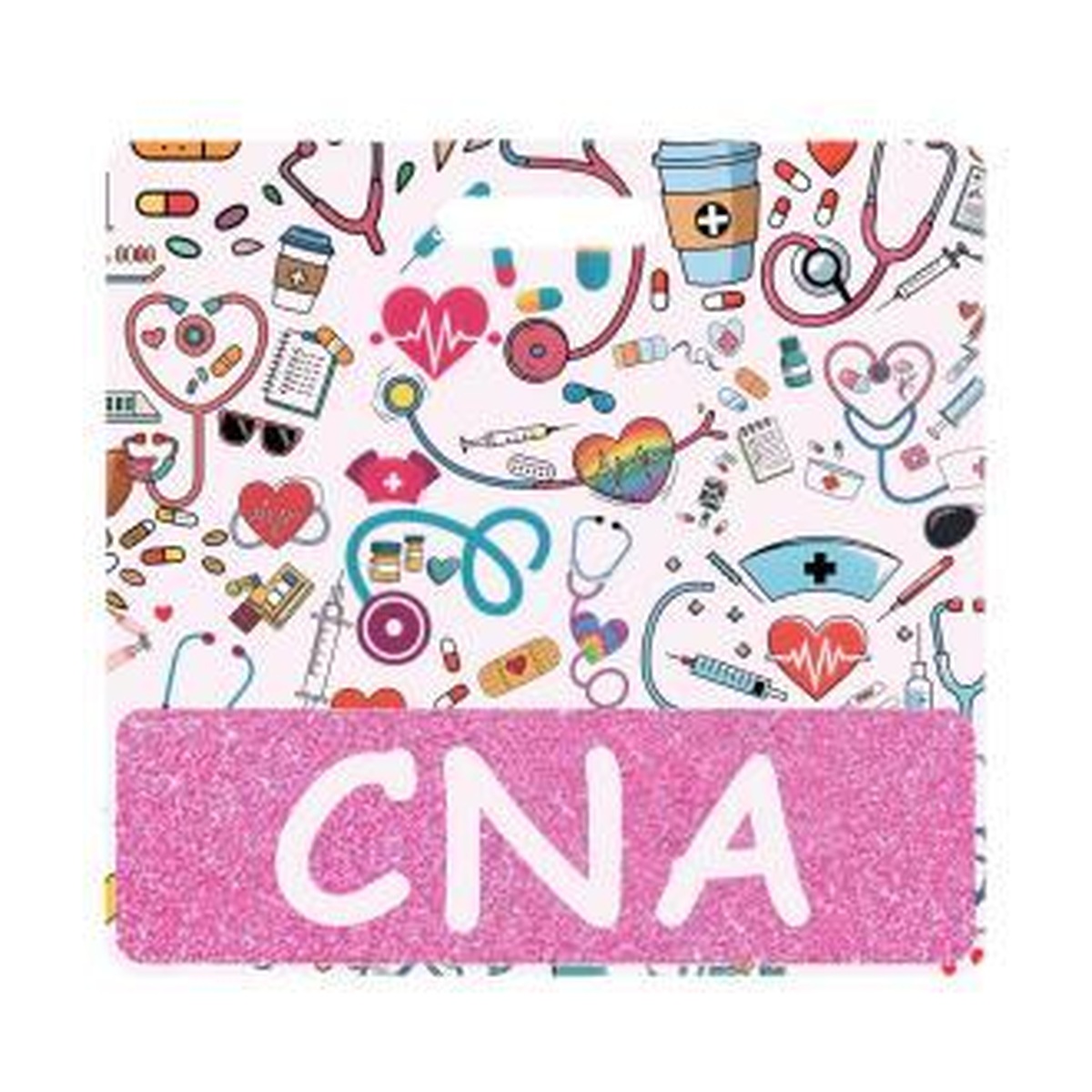 CNA badge buddy card in pink glitter with badge reel