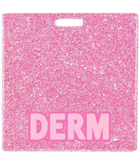 DERM badge buddy card in pink glitter with badge reel