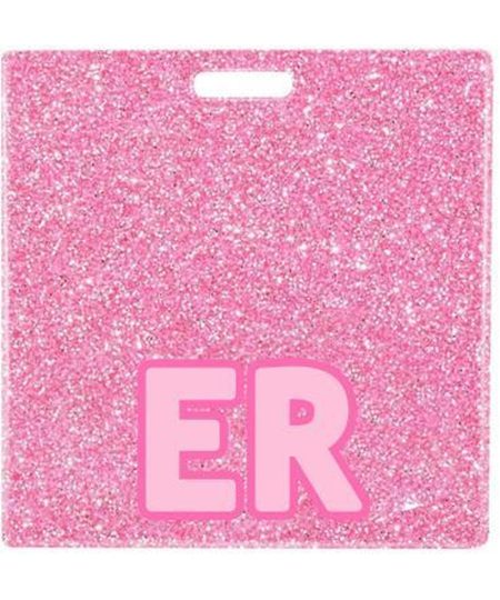 ER badge buddy card in pink glitter with badge reel