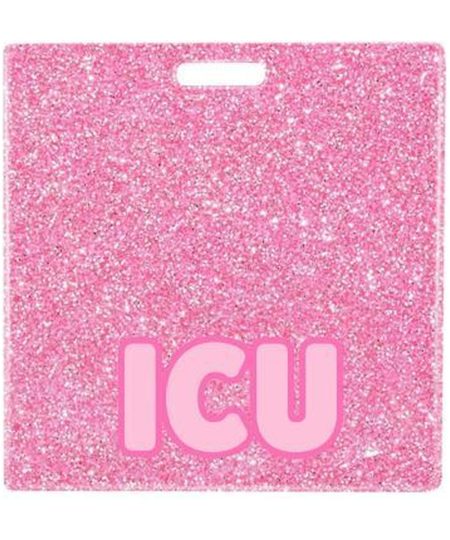 ICU badge buddy card in pink glitter with badge reel