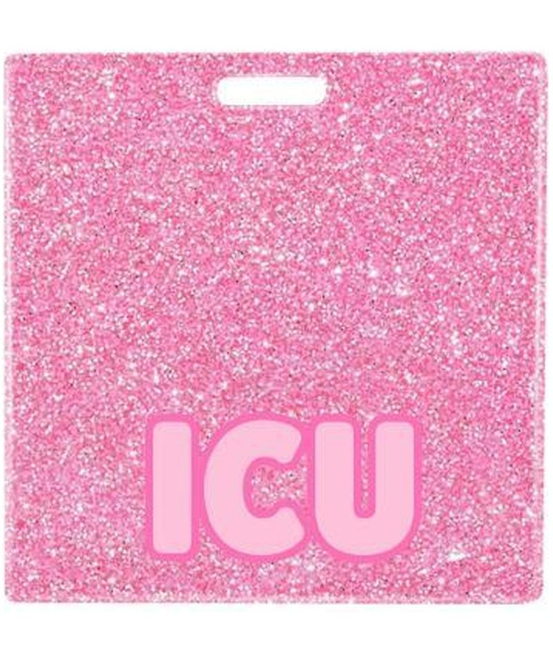 ICU badge buddy card in pink glitter with badge reel