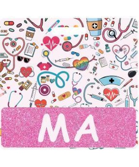 MA badge buddy card in pink glitter with badge reel