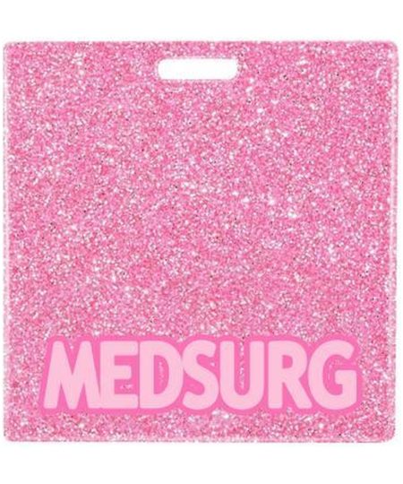 MEDSURG badge buddy card in pink glitter with badge reel