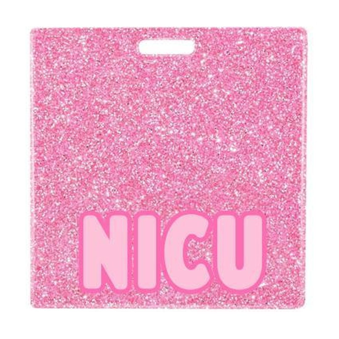 NICU badge buddy card in pink glitter with badge reel