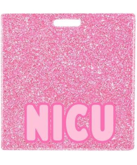 NICU badge buddy card in pink glitter with badge reel