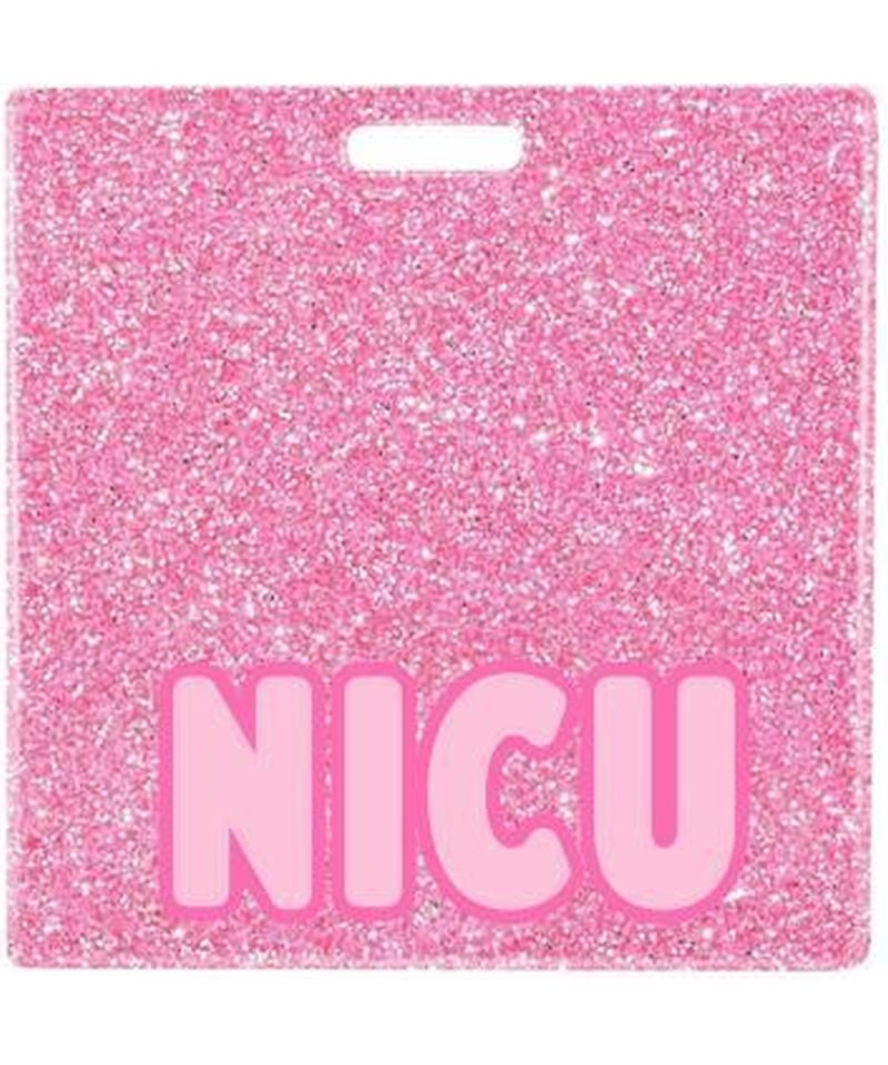 NICU badge buddy card in pink glitter with badge reel
