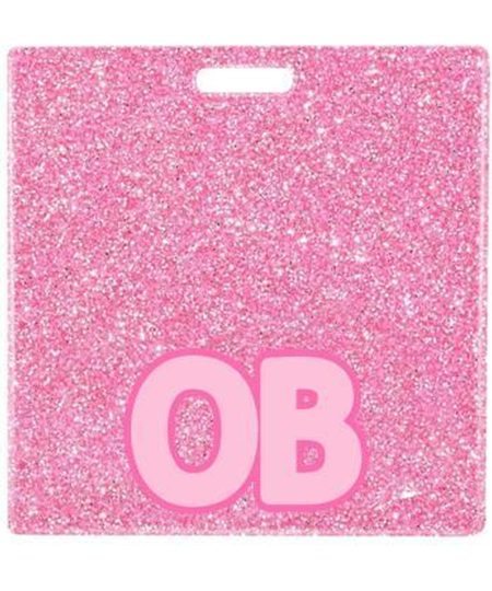 OB badge buddy card in pink glitter with badge reel