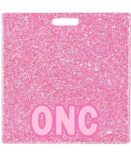 ONC badge buddy card in pink glitter with badge reel