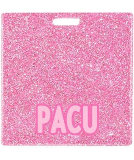 PACU badge buddy card in pink glitter with badge reel