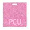 PCU badge buddy card in pink glitter with badge reel