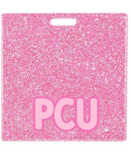 PCU badge buddy card in pink glitter with badge reel