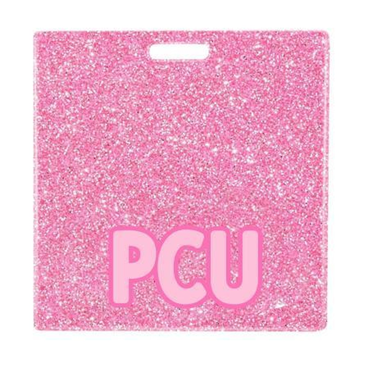 PCU badge buddy card in pink glitter with badge reel