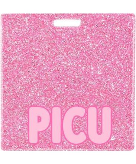 PICU badge buddy card in pink glitter with badge reel