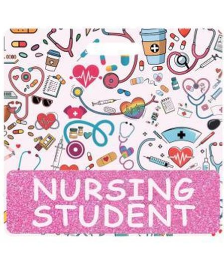 NURSING STUDENT badge buddy card in pink glitter with badge reel