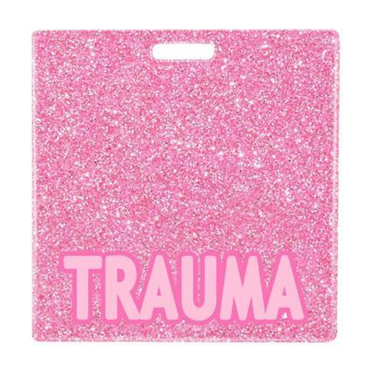 TRAUMA badge buddy card in pink glitter with badge reel